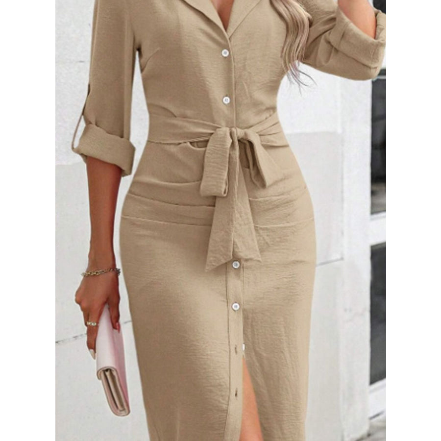 Tied Button Up Collared Neck Roll-Tab Sleeve Dress Apparel and Accessories