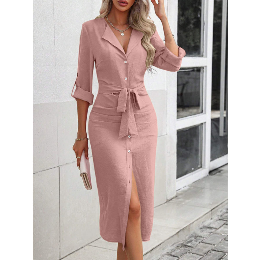 Tied Button Up Collared Neck Roll-Tab Sleeve Dress Blush Pink / S Apparel and Accessories