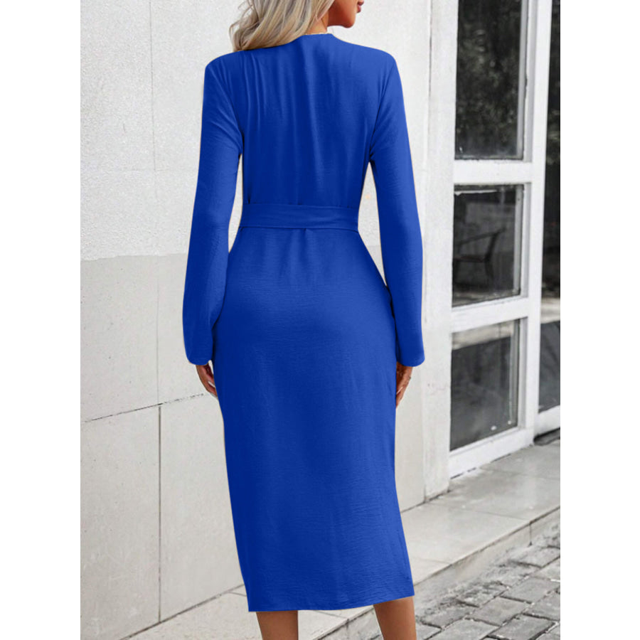 Tied Button Up Collared Neck Roll-Tab Sleeve Dress Royal Blue / S Apparel and Accessories