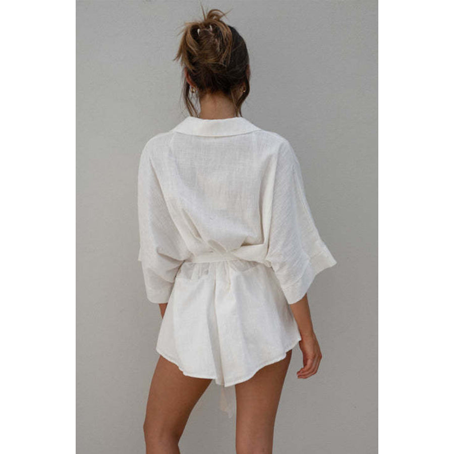 Tied Button Up Collared Neck Romper Apparel and Accessories