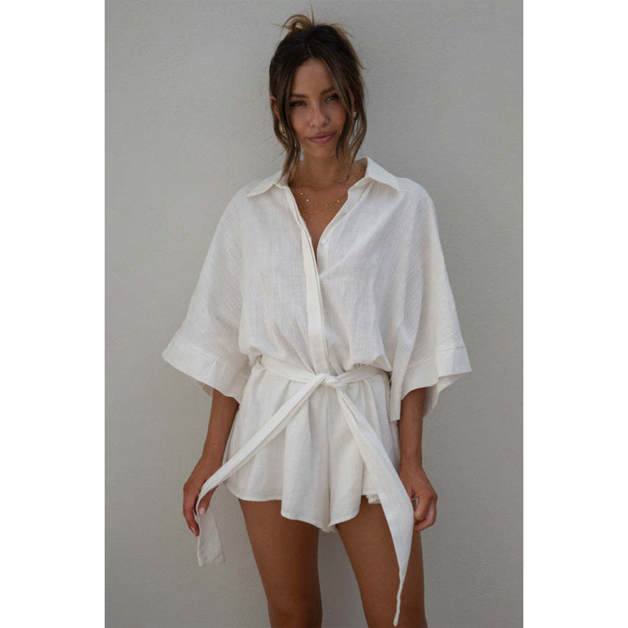 Tied Button Up Collared Neck Romper Apparel and Accessories