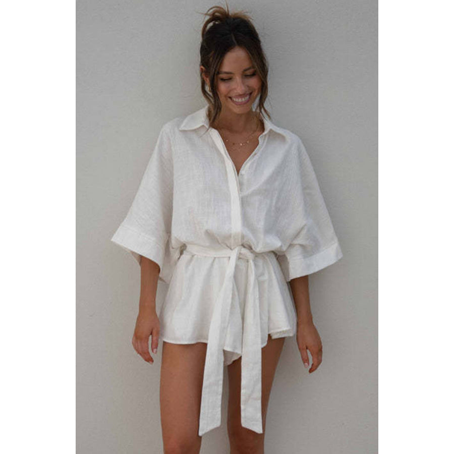 Tied Button Up Collared Neck Romper White / S Apparel and Accessories