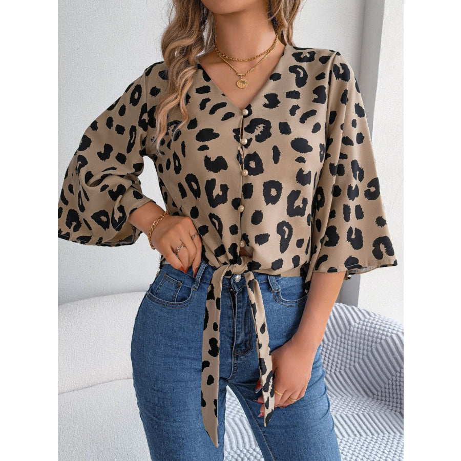 Tied Button Up Leopard V - Neck Blouse Apparel and Accessories