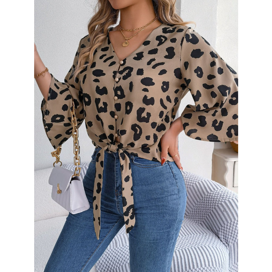 Tied Button Up Leopard V - Neck Blouse Apparel and Accessories