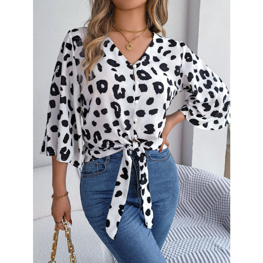 Tied Button Up Leopard V - Neck Blouse Apparel and Accessories