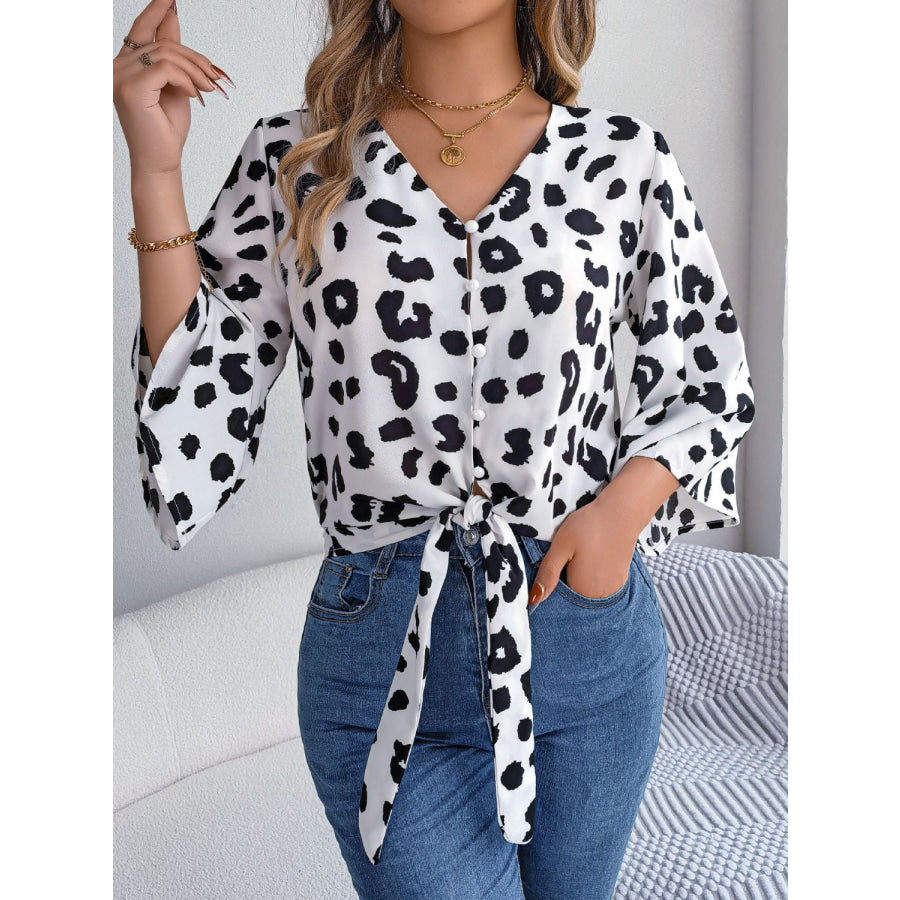 Tied Button Up Leopard V - Neck Blouse Apparel and Accessories