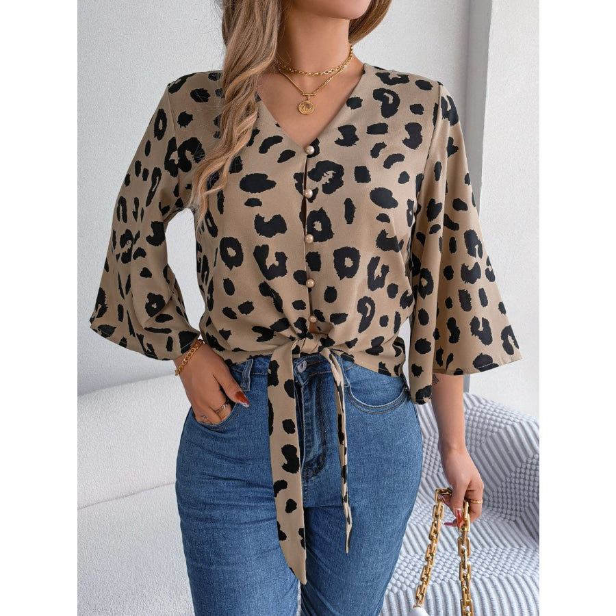 Tied Button Up Leopard V - Neck Blouse Apparel and Accessories