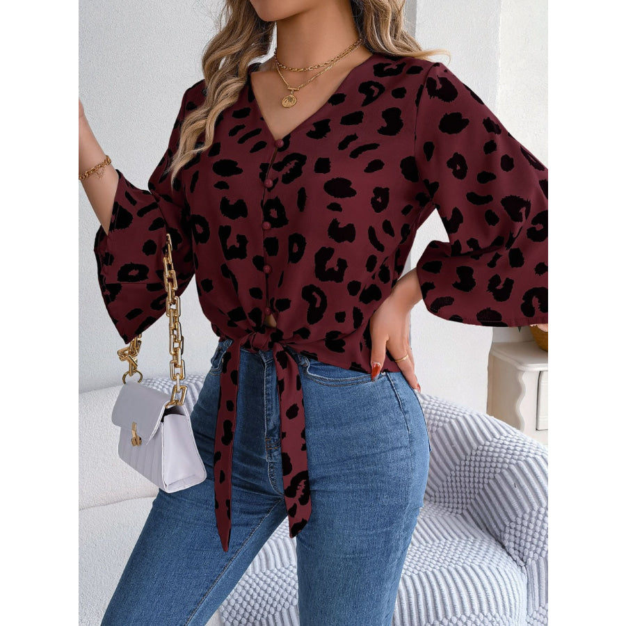 Tied Button Up Leopard V - Neck Blouse Apparel and Accessories