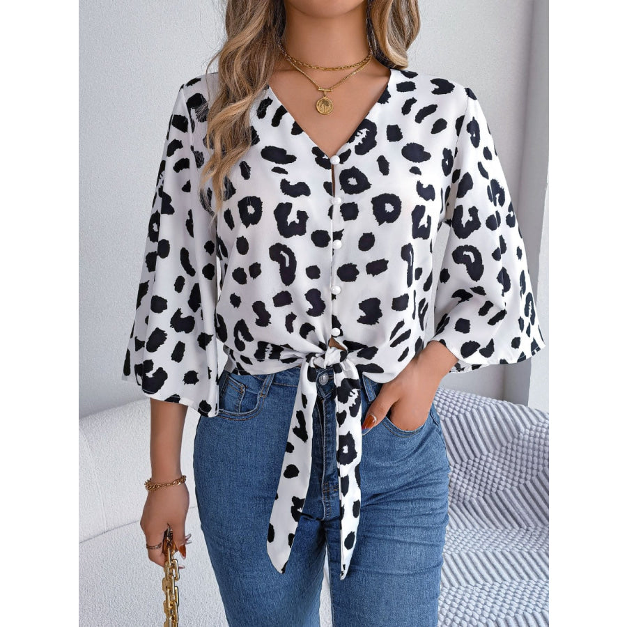 Tied Button Up Leopard V - Neck Blouse Apparel and Accessories