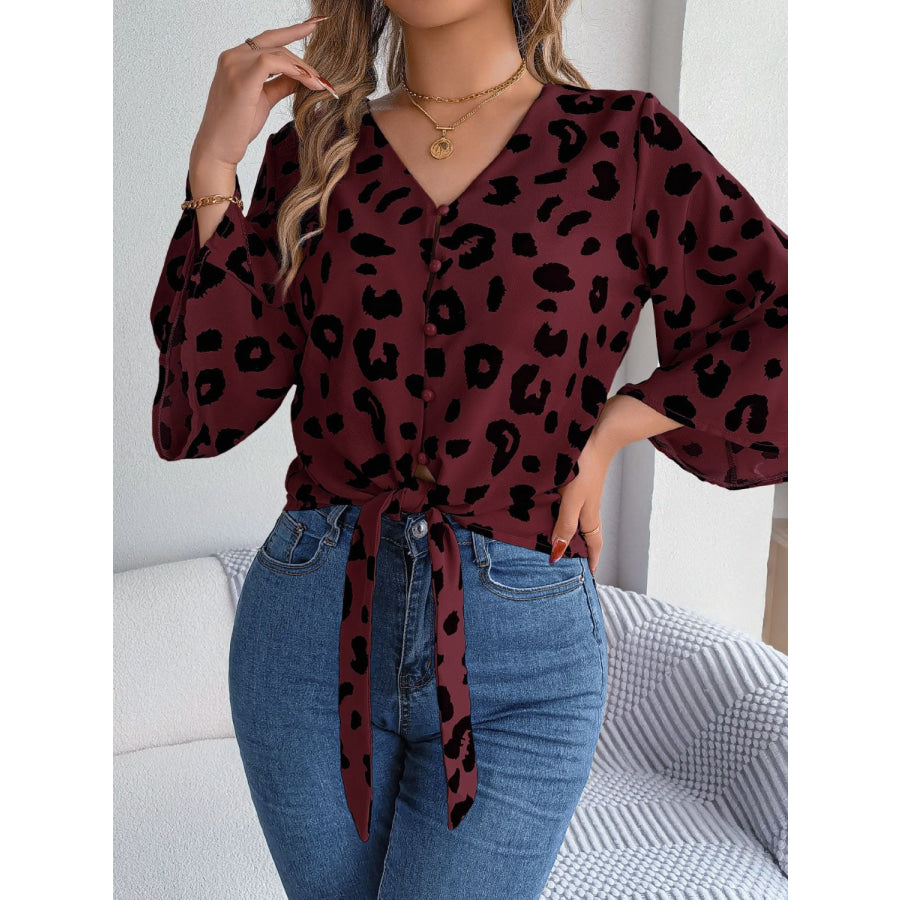 Tied Button Up Leopard V - Neck Blouse Apparel and Accessories