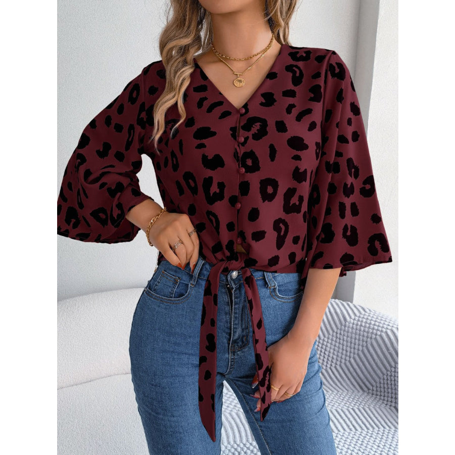 Tied Button Up Leopard V - Neck Blouse Apparel and Accessories