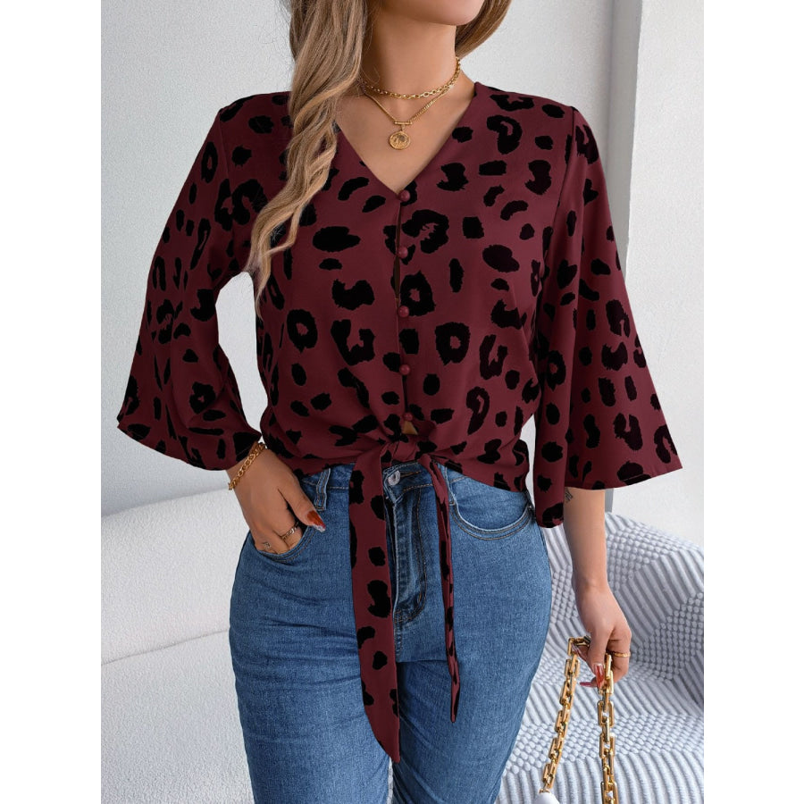 Tied Button Up Leopard V - Neck Blouse Wine / S Apparel and Accessories