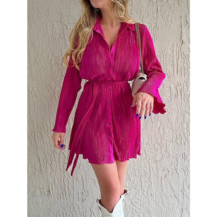 Tied Button Up Long Sleeve Dress Apparel and Accessories