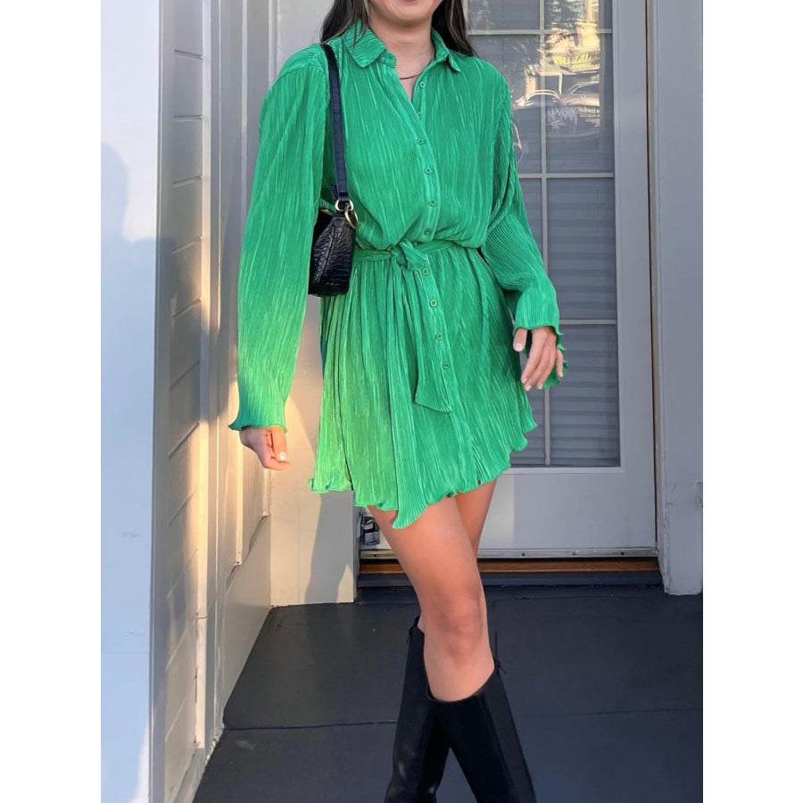 Tied Button Up Long Sleeve Dress Apparel and Accessories