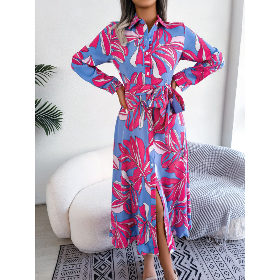 Tied Button Up Long Sleeve Dress Hot Pink / S Apparel and Accessories