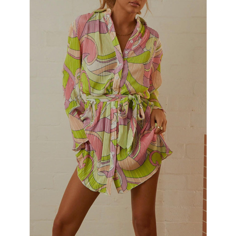 Tied Button Up Long Sleeve Dress Lime / S Apparel and Accessories