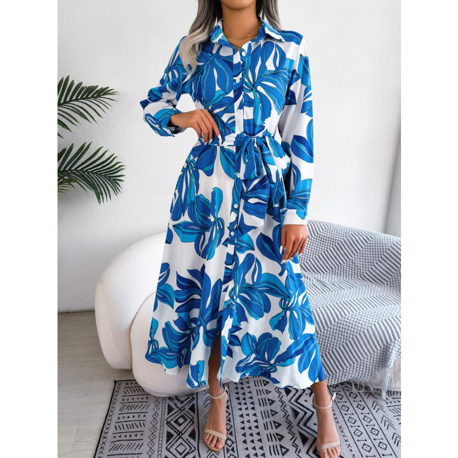 Tied Button Up Long Sleeve Dress Royal Blue / S Apparel and Accessories