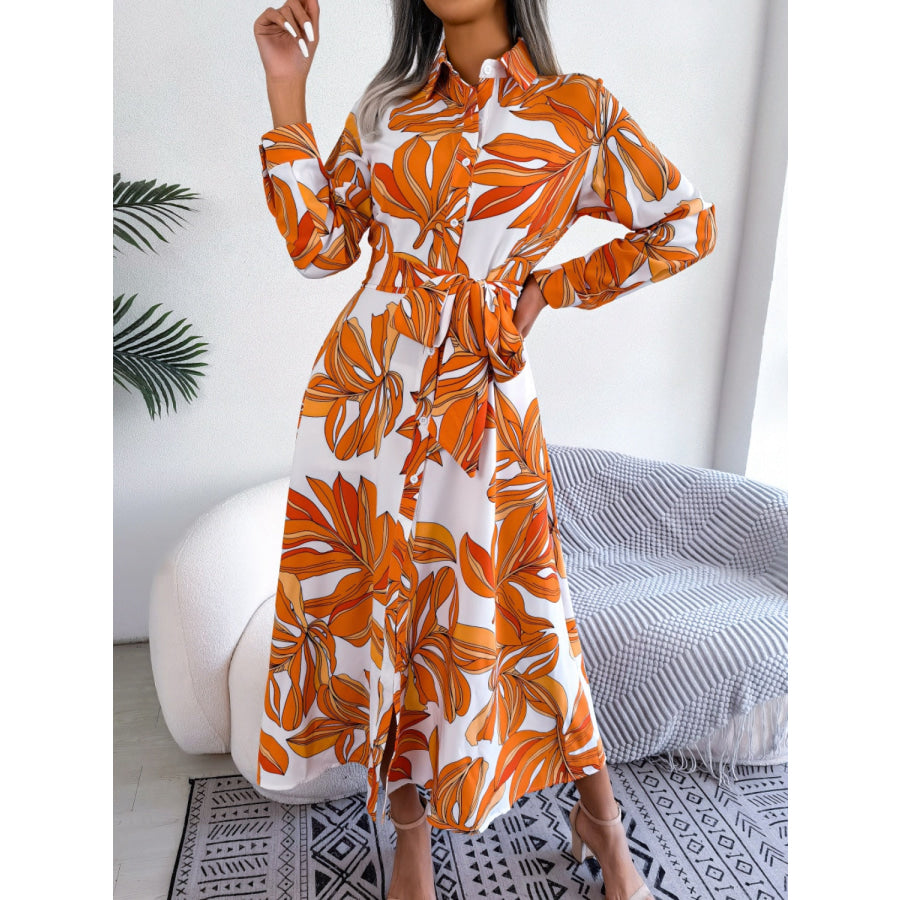 Tied Button Up Long Sleeve Dress Tangerine / S Apparel and Accessories