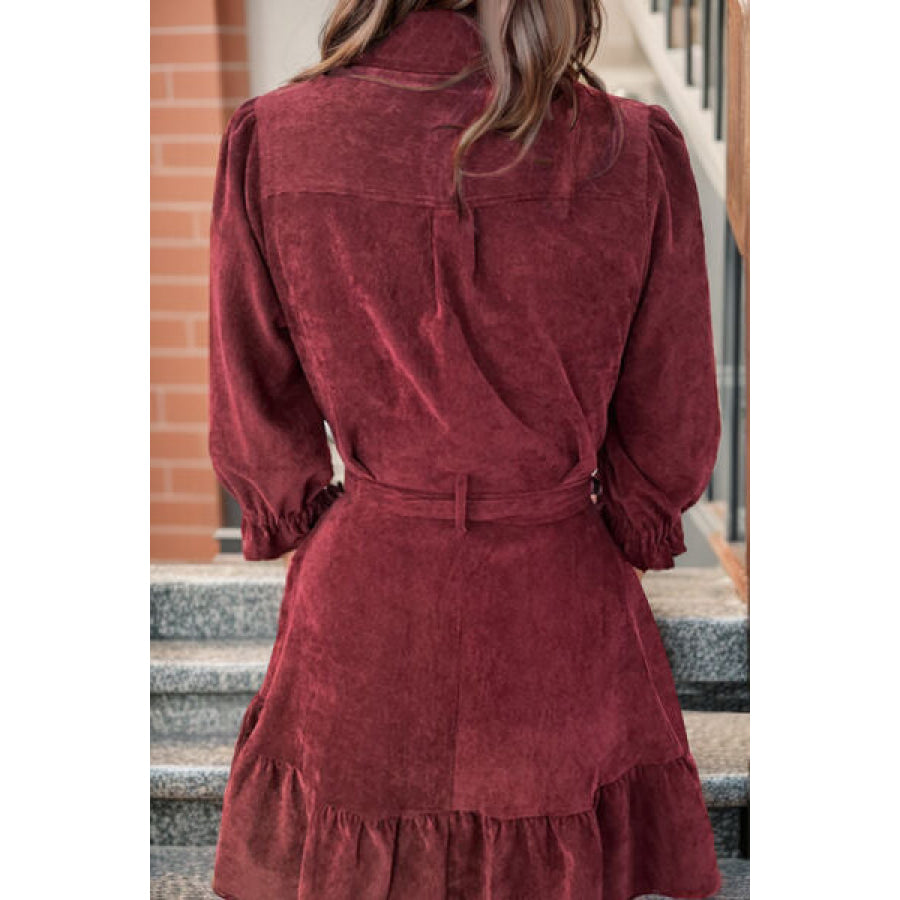 Tied Button Up Ruffle Hem Dress Wine / S Apparel and Accessories