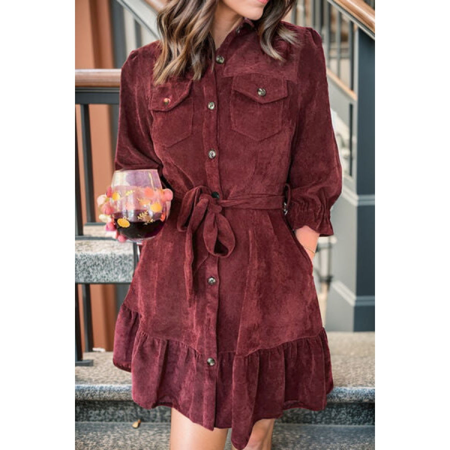 Tied Button Up Ruffle Hem Dress Apparel and Accessories