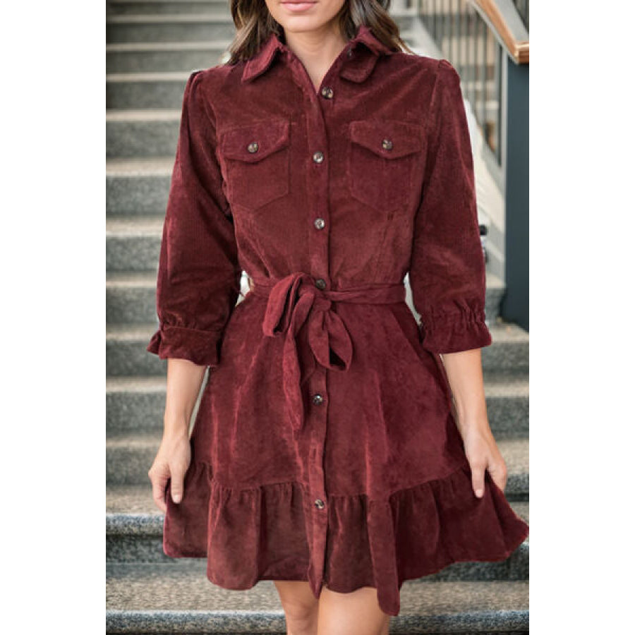 Tied Button Up Ruffle Hem Dress Wine / S Apparel and Accessories