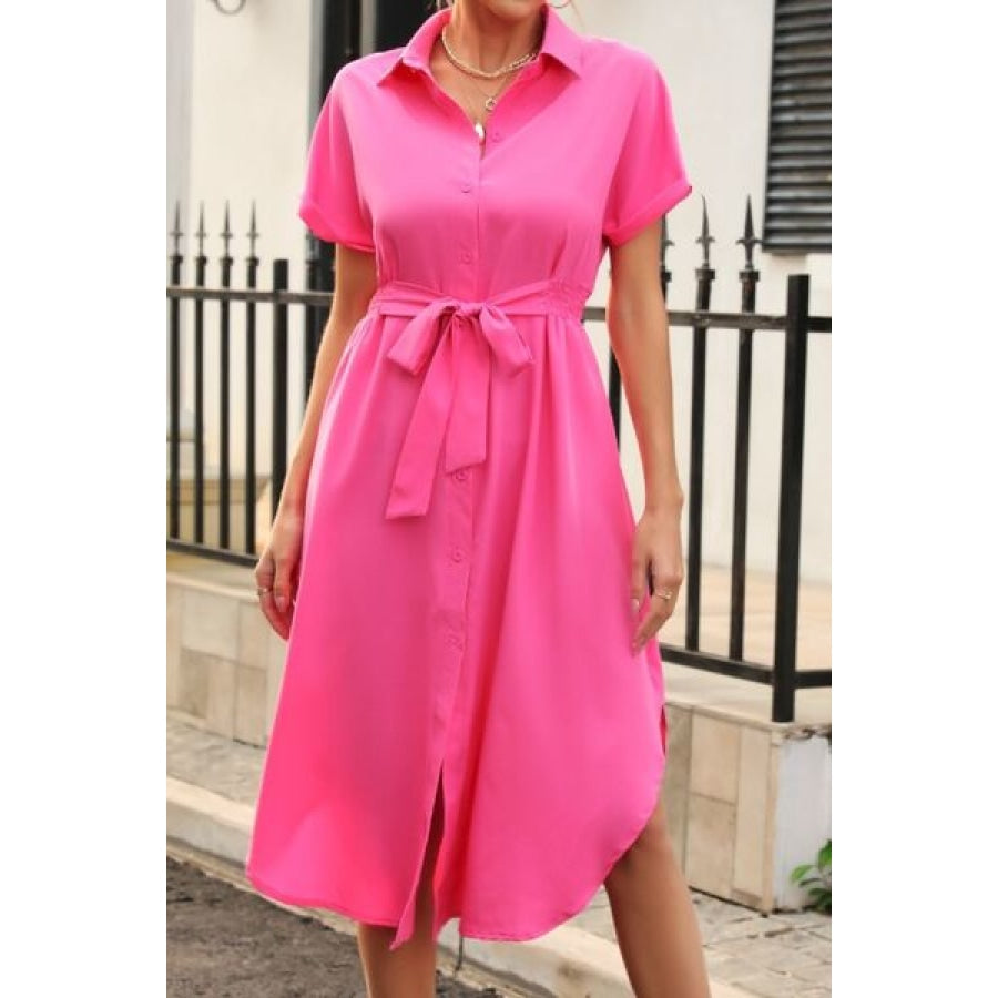 Tied Button Up Shirt Dress Hot Pink / S Clothing