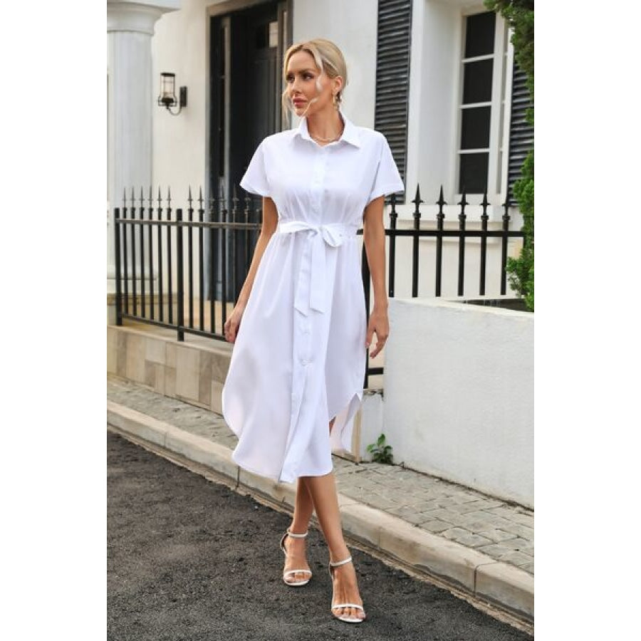 Tied Button Up Shirt Dress White / S Clothing