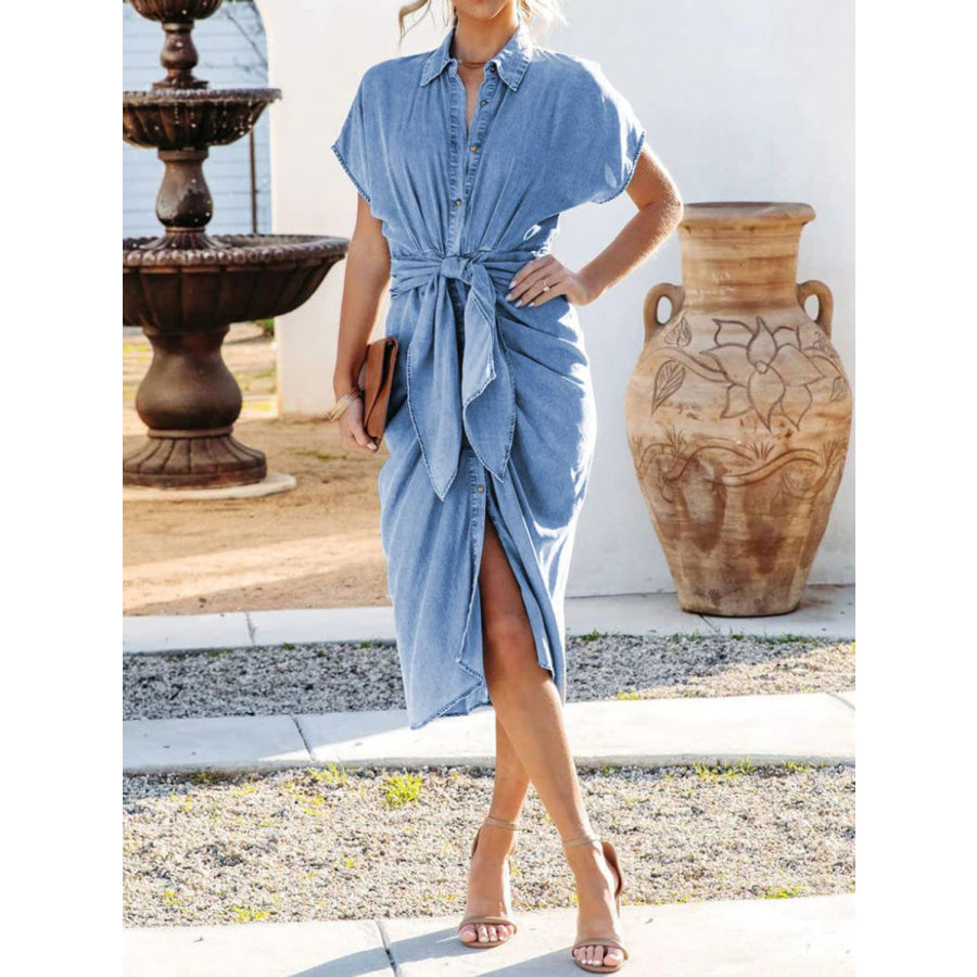 Tied Button Up Short Sleeve Denim Dress Light / S Apparel and Accessories