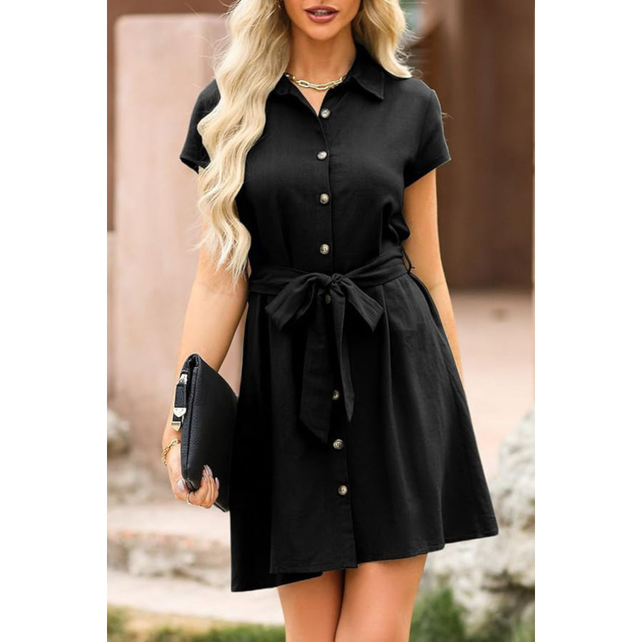 Tied Button Up Short Sleeve Dress Apparel and Accessories