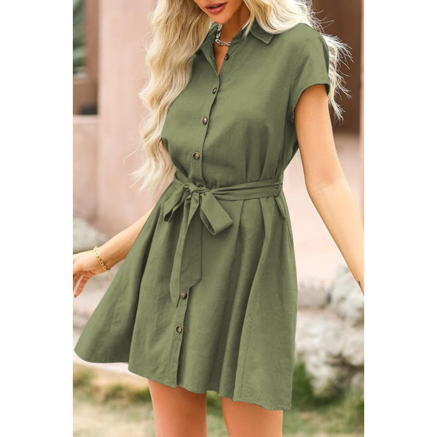 Tied Button Up Short Sleeve Dress Apparel and Accessories