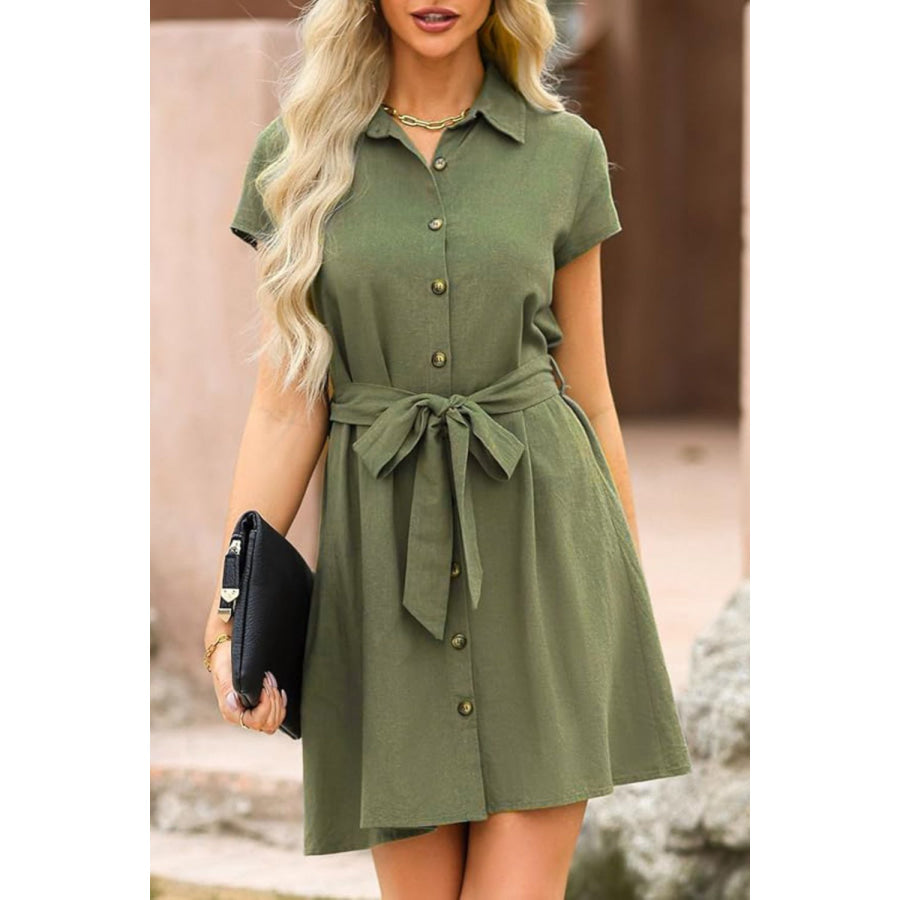 Tied Button Up Short Sleeve Dress Moss / S Apparel and Accessories