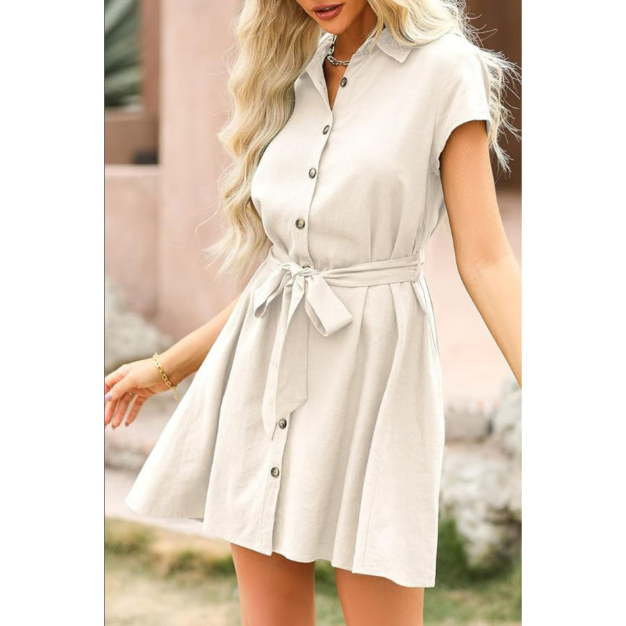 Tied Button Up Short Sleeve Dress White / S Apparel and Accessories