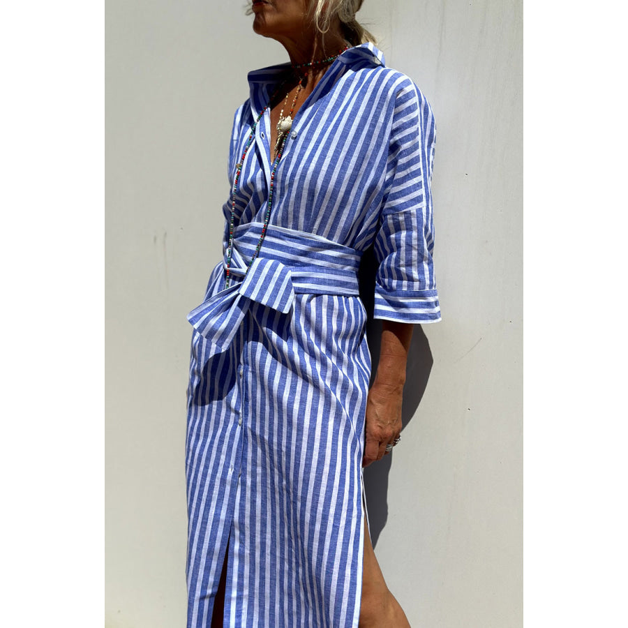 Tied Button Up Three-Quarter Sleeve Dress Apparel and Accessories