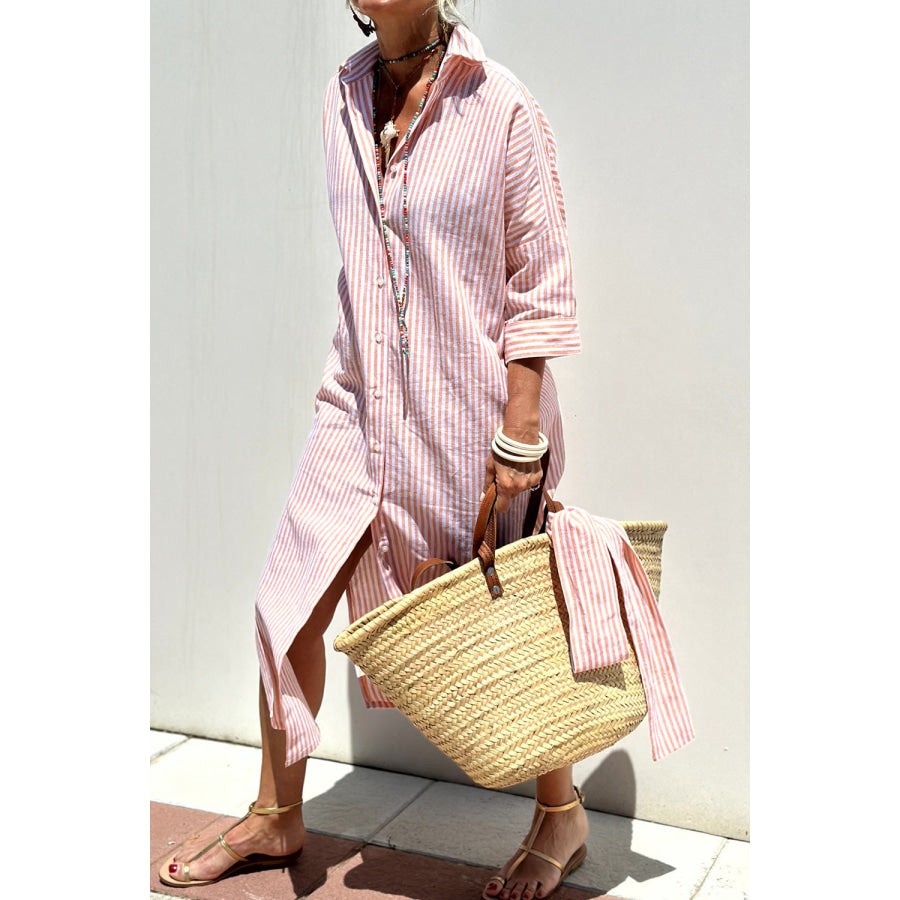 Tied Button Up Three-Quarter Sleeve Dress Blush Pink / S Apparel and Accessories