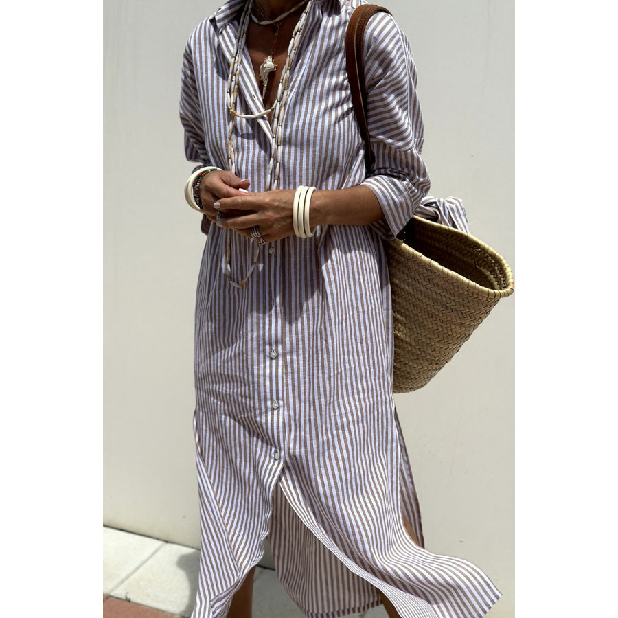 Tied Button Up Three-Quarter Sleeve Dress Mocha / S Apparel and Accessories