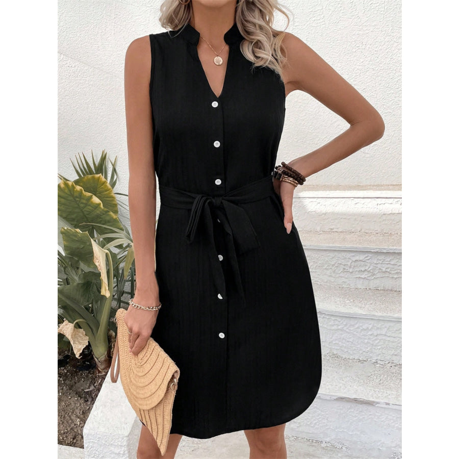 Tied Buttoned Up Notched Sleeveless Dress Apparel and Accessories