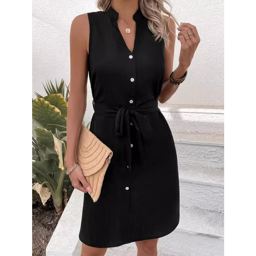 Tied Buttoned Up Notched Sleeveless Dress Black / S Apparel and Accessories