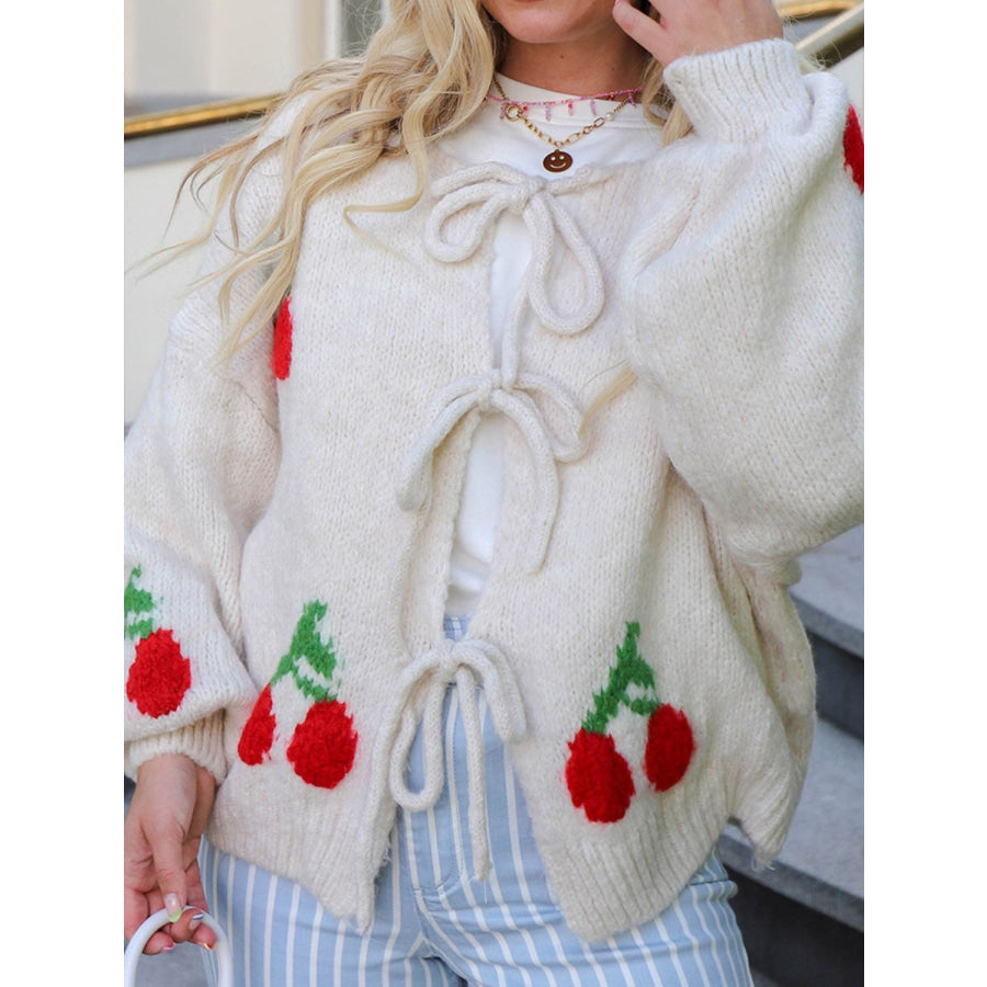 Tied Cherry Round Neck Long Sleeve Cardigan Apparel and Accessories