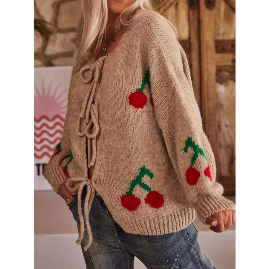 Tied Cherry Round Neck Long Sleeve Cardigan Apparel and Accessories