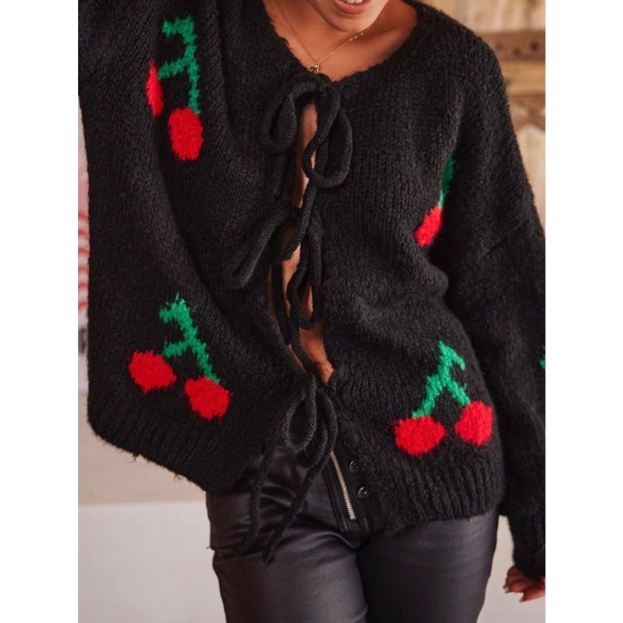 Tied Cherry Round Neck Long Sleeve Cardigan Apparel and Accessories