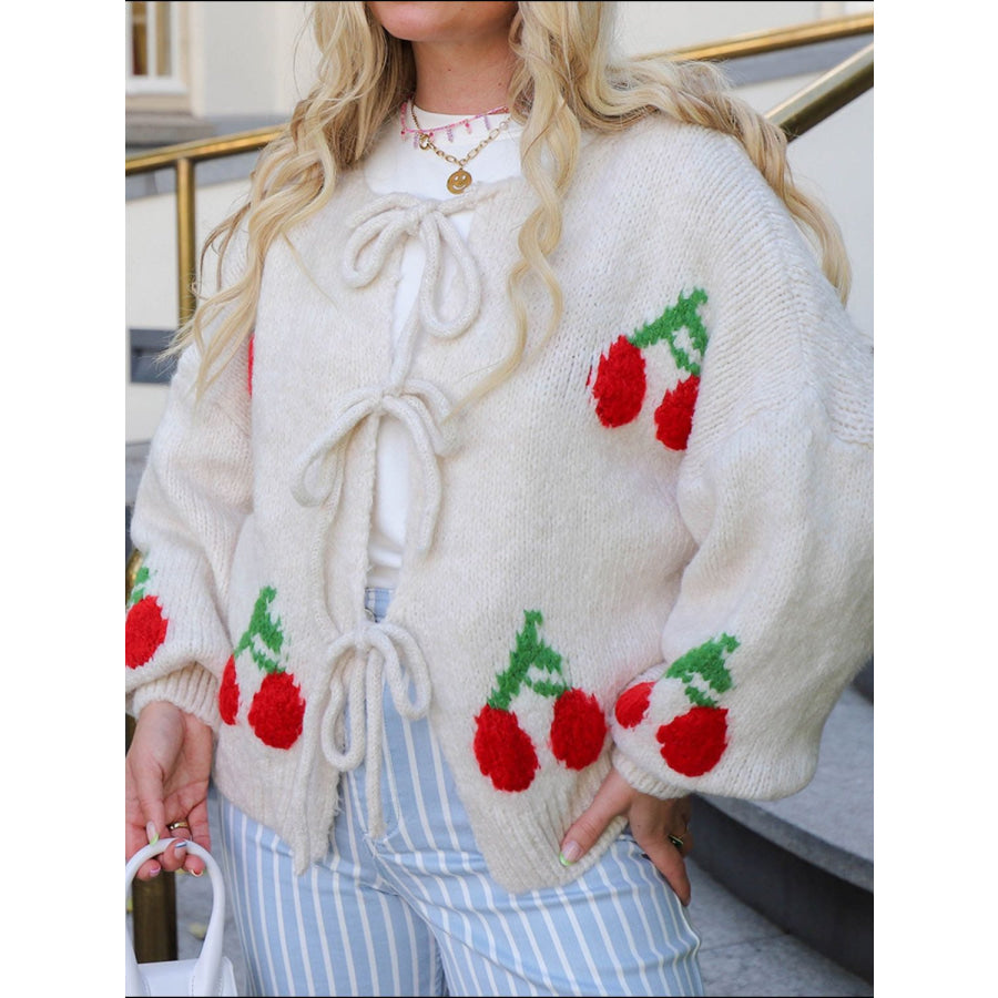 Tied Cherry Round Neck Long Sleeve Cardigan Apparel and Accessories