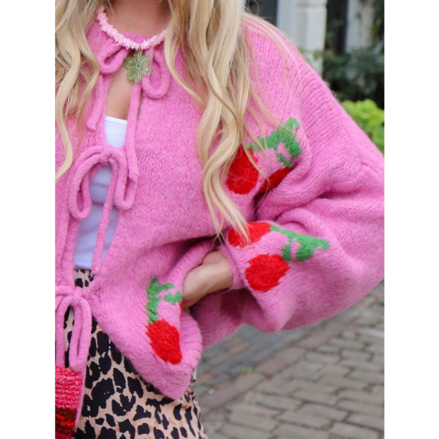 Tied Cherry Round Neck Long Sleeve Cardigan Apparel and Accessories