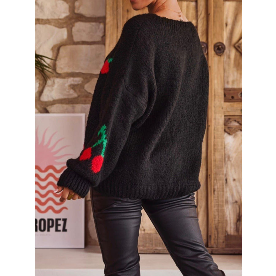 Tied Cherry Round Neck Long Sleeve Cardigan Apparel and Accessories