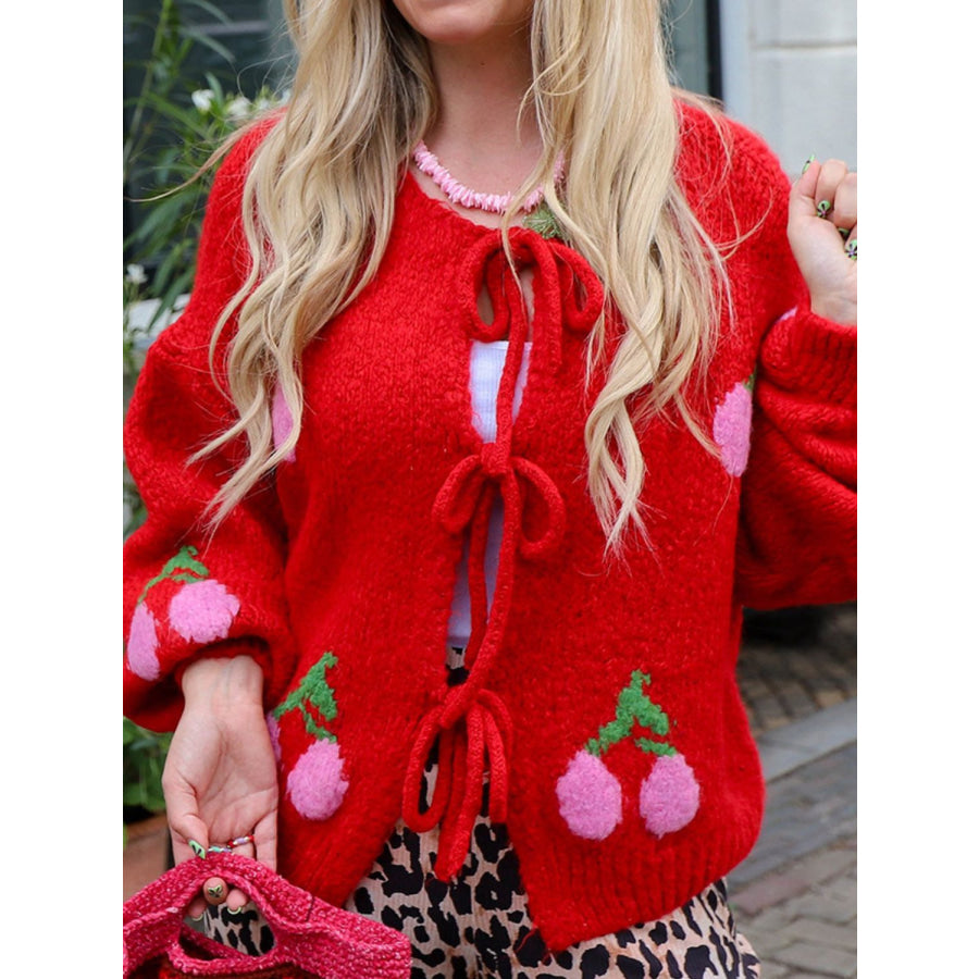 Tied Cherry Round Neck Long Sleeve Cardigan Apparel and Accessories