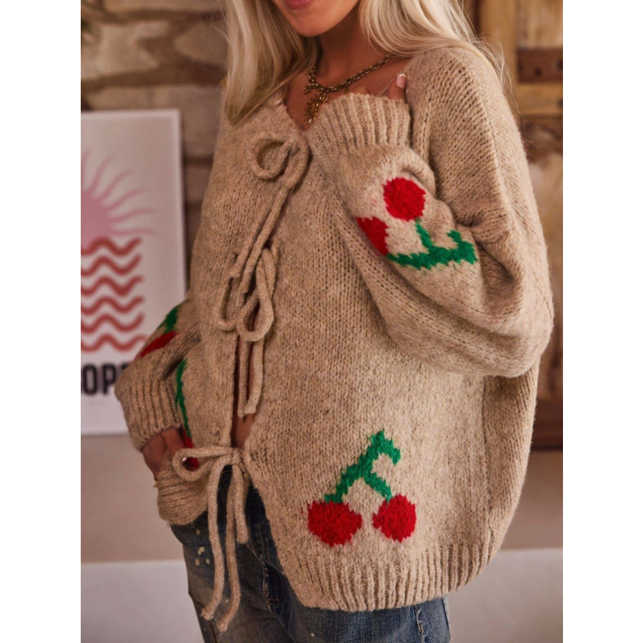 Tied Cherry Round Neck Long Sleeve Cardigan Apparel and Accessories