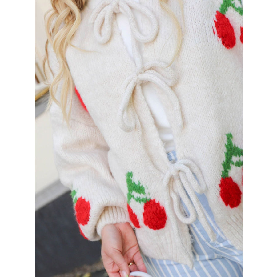 Tied Cherry Round Neck Long Sleeve Cardigan Apparel and Accessories