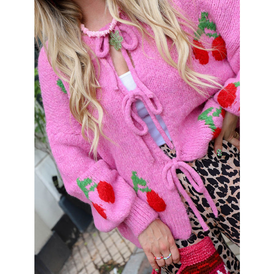 Tied Cherry Round Neck Long Sleeve Cardigan Apparel and Accessories