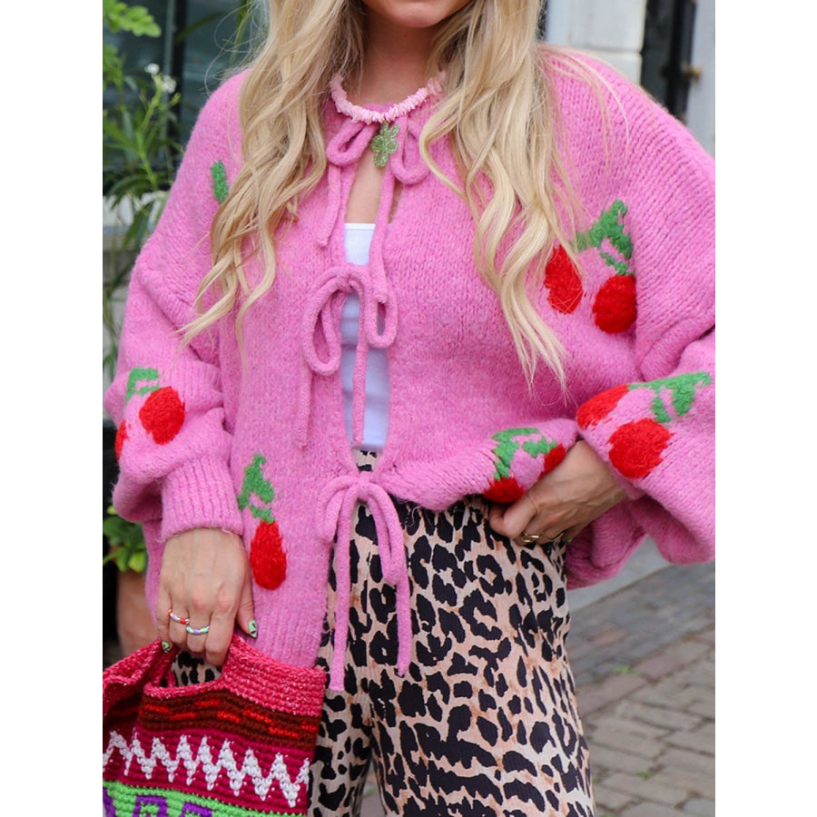 Tied Cherry Round Neck Long Sleeve Cardigan Fuchsia Pink / S Apparel and Accessories