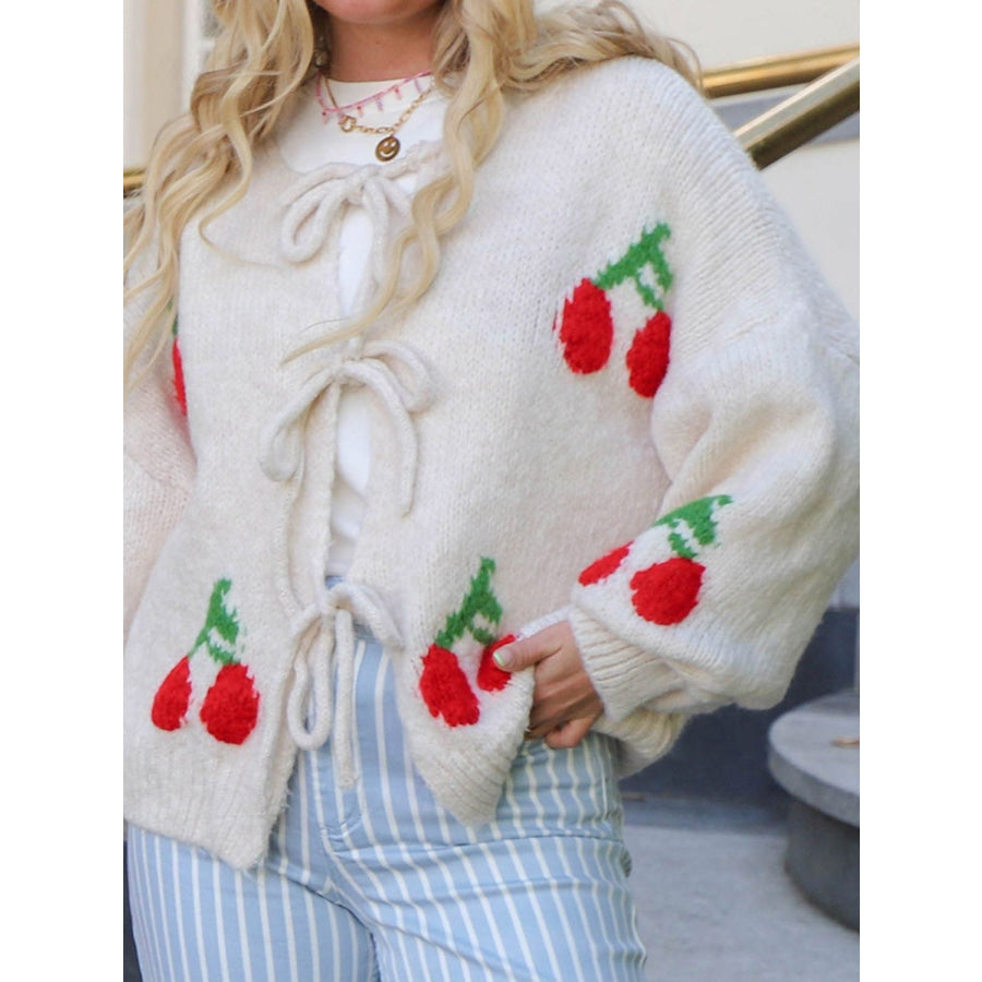 Tied Cherry Round Neck Long Sleeve Cardigan White / S Apparel and Accessories