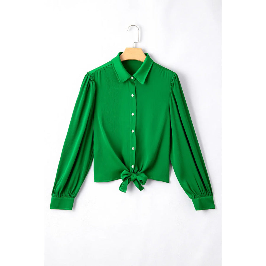 Tied Collared Neck Long Sleeve Shirt Apparel and Accessories